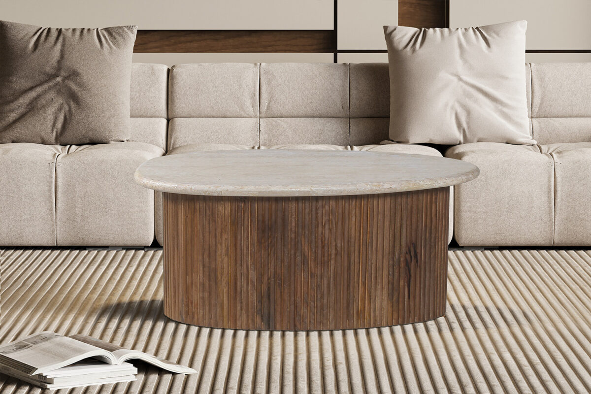 Table basse 'Louis' 90 cm Bois de manguier avec Travertin Beige - Afbeelding 1