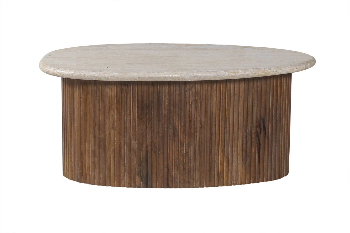 Table basse 'Louis' 90 cm Bois de manguier avec Travertin Beige - Afbeelding 3