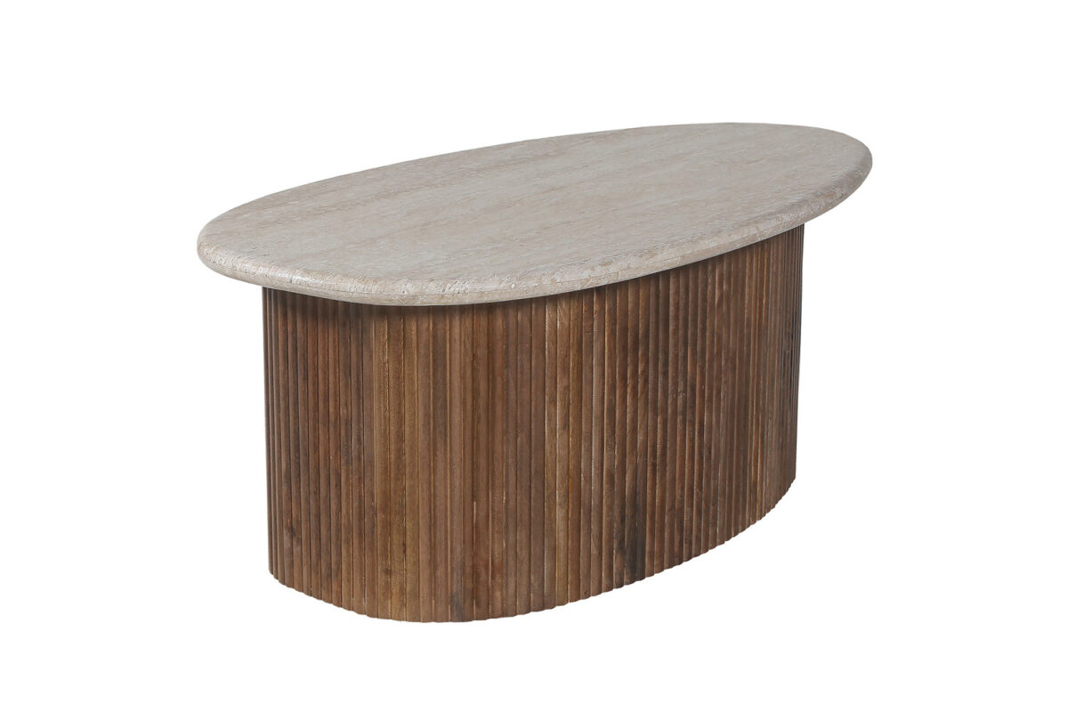 Table basse 'Louis' 90 cm Bois de manguier avec Travertin Beige - Afbeelding 5