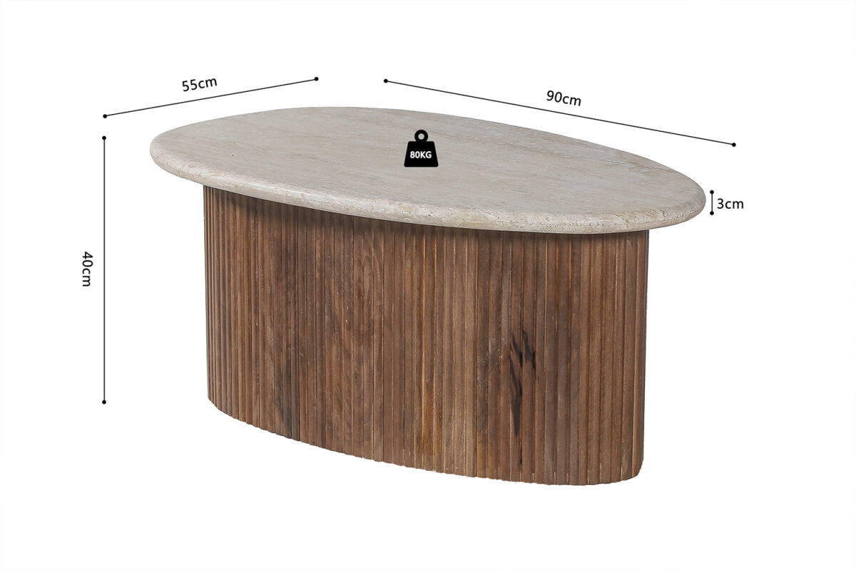 Table basse 'Louis' 90 cm Bois de manguier avec Travertin Beige - Afbeelding 8