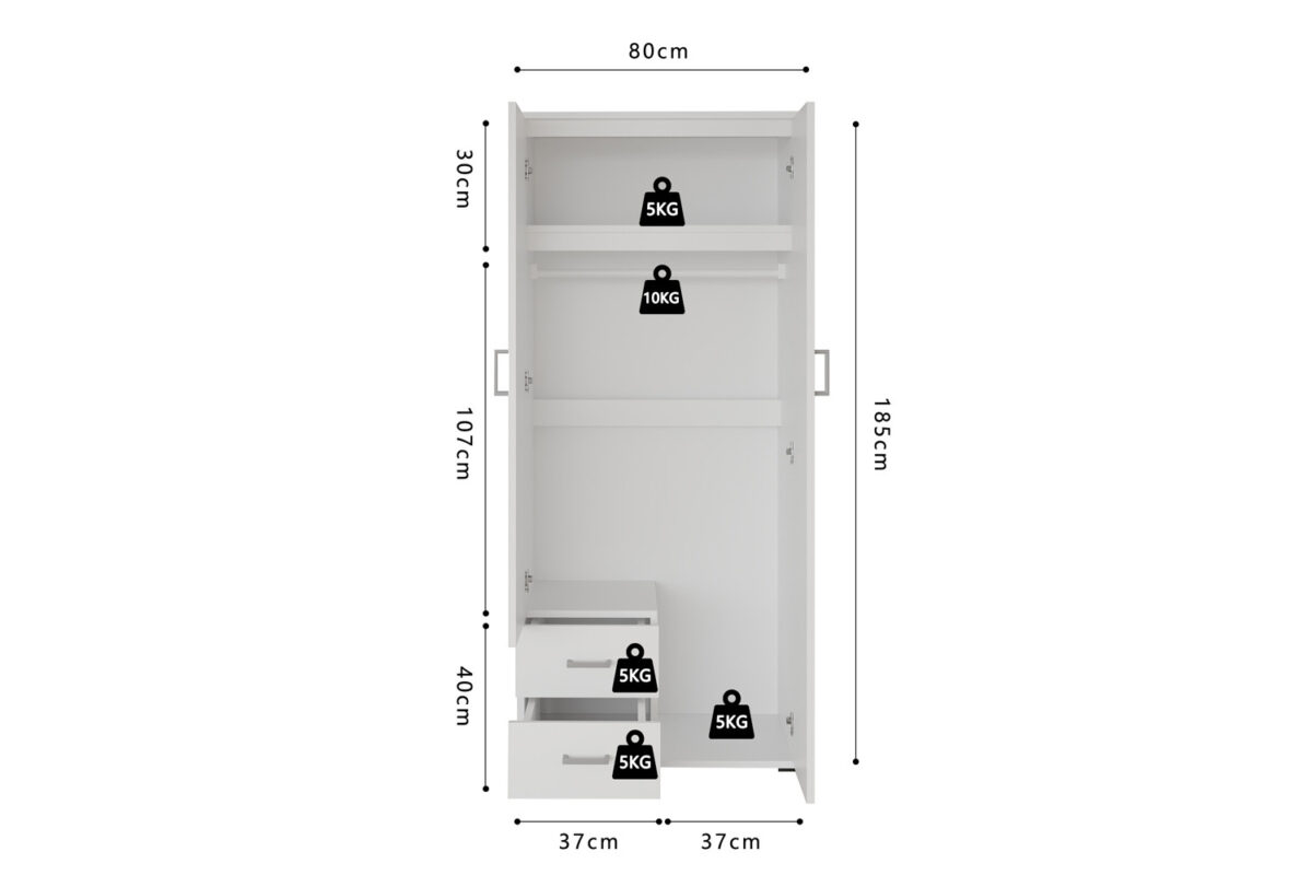 Armoire 'Marc' 2 portes avec miroir Blanc - Image 9